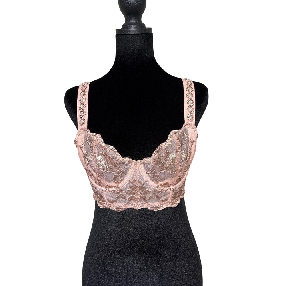 Victoria Secret Dream Angels Pink Lace Push Up Bra Rhinestone Straps Unlined 34C